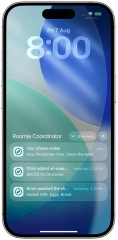 A phone lock screen showing Roomie Coordinator notifications about today’s chores, a new expense, and an updated shopping list.