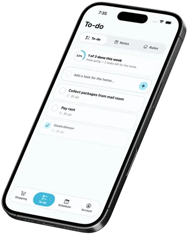 The shared to-do list, showing the house’s open tasks with one already ticked off, and a progress ring at the top.